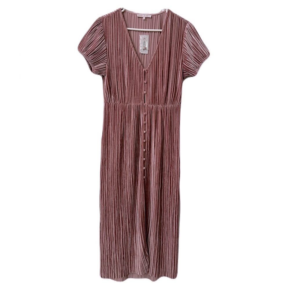 NEW Willow & Root Womens Size Medium Plunge Dusty Rose Velvet Pleated Maxi Dress